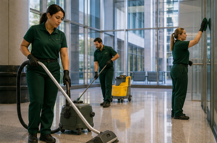 Commercial cleaning professional preparing equipment for a public building