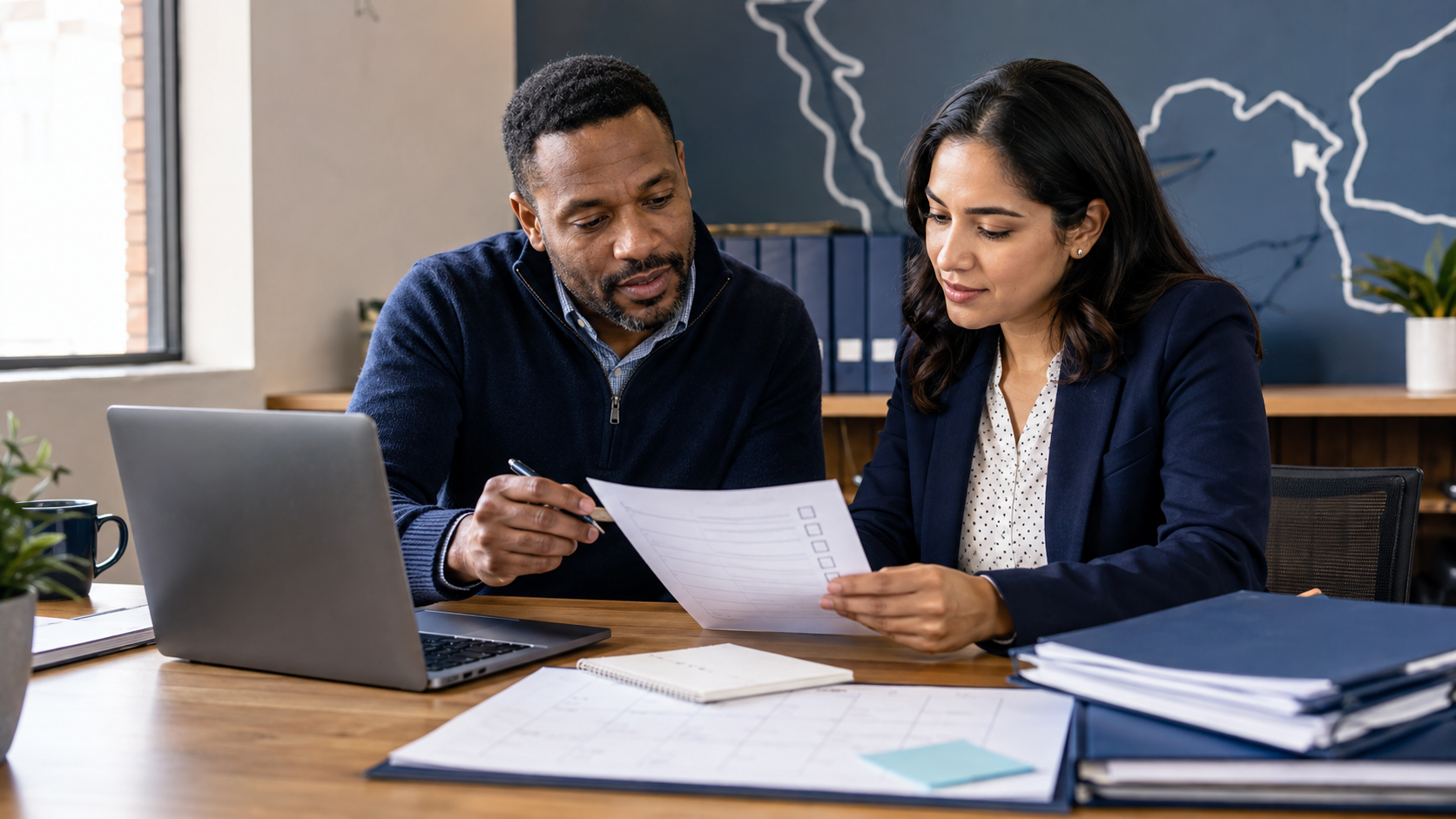 Small-business colleagues reviewing an Illinois public procurement checklist