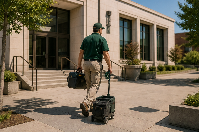 Service contractor arriving at a local civic building with professional equipment