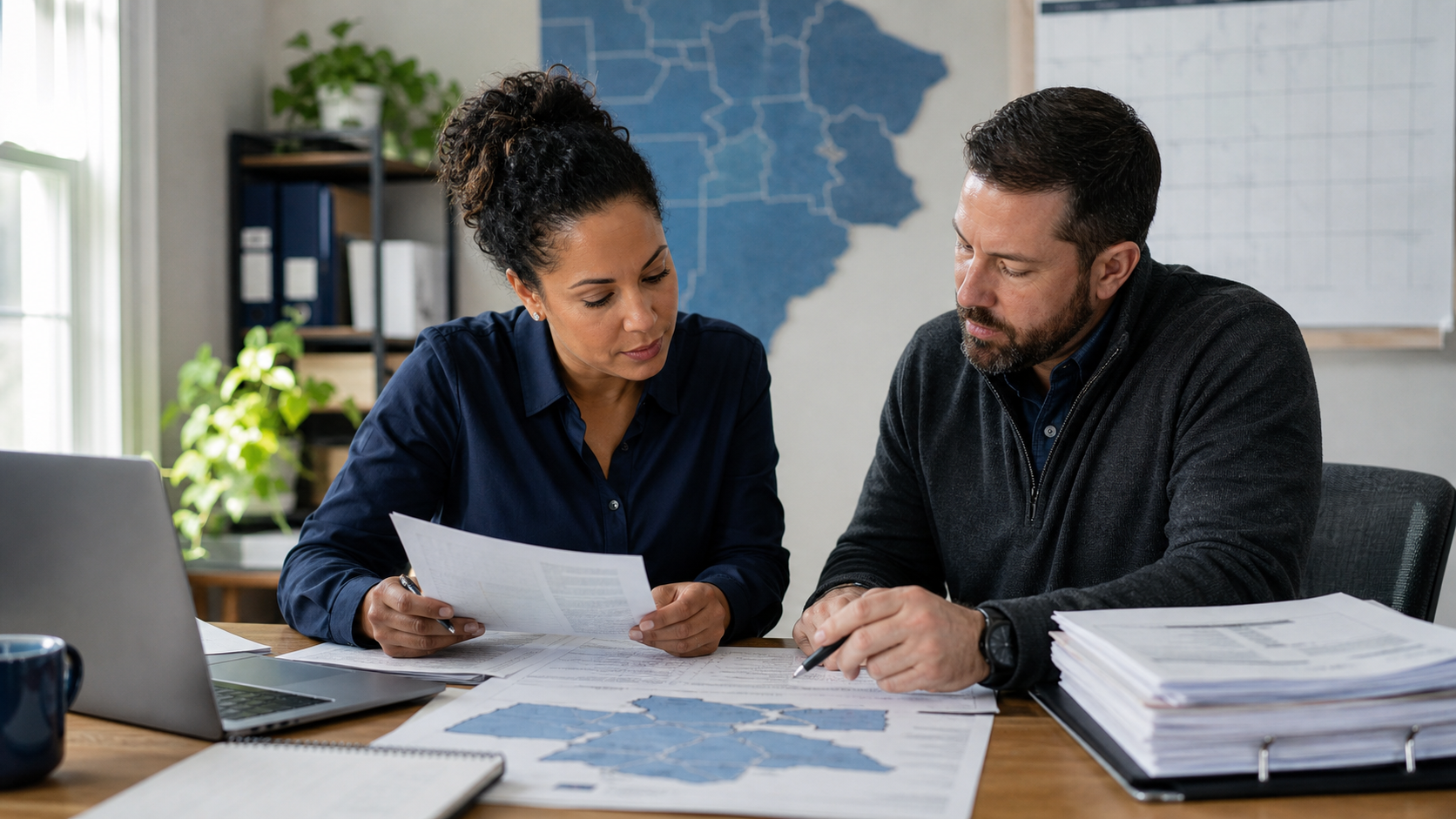Small-business colleagues reviewing a Pennsylvania public procurement plan